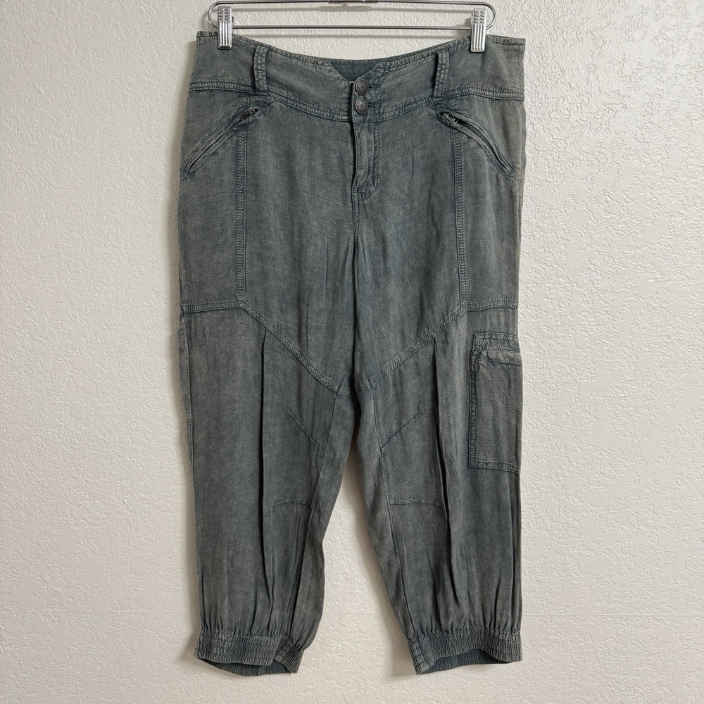 Free People Small Cargo Utility Jogger Pants Cropped Linen Blend Green Blue